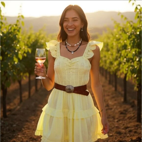 Mabel Lemon Ruffle Mini Dress w/ Tiered Skirt & Square Neckline – Desert Bloom M - Picture 4 of 6